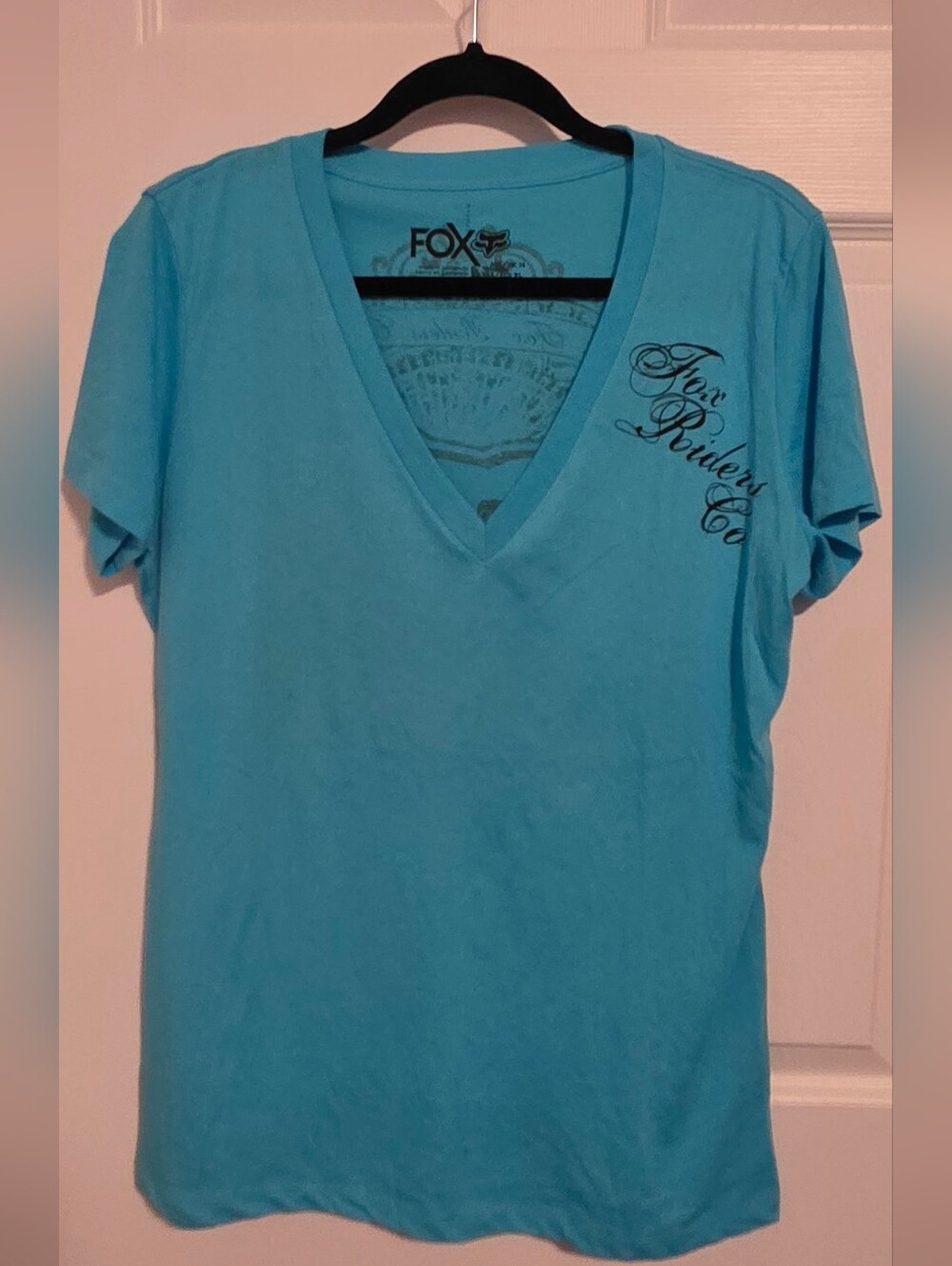 Vintage FOX Women’s V-Neck Tee in Turquoise Sz L